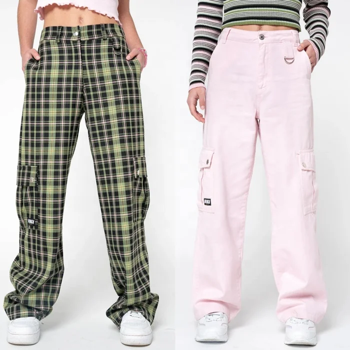 
Straight high waist trousers green plaid pink casual pocket loose trousers 