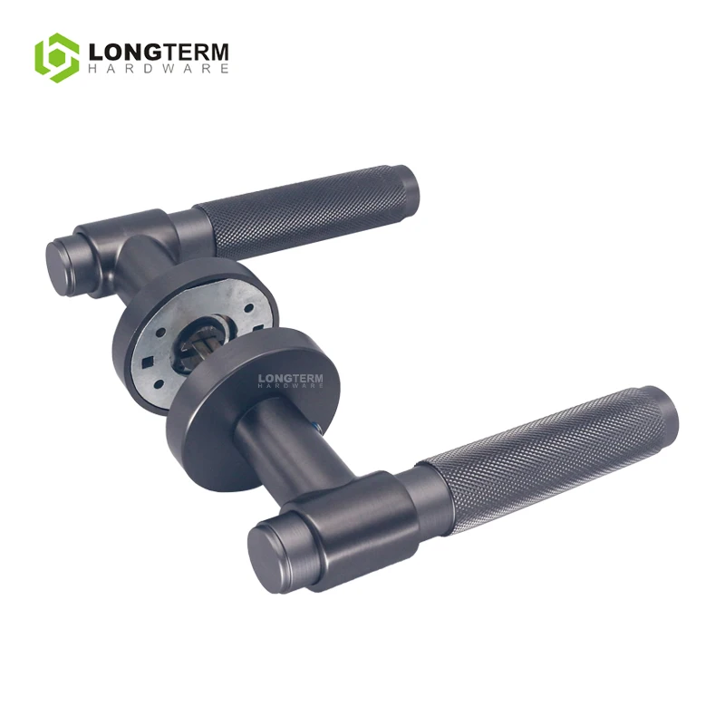 Zinc Alloy Knurled Door Handle Set Mortise Lock Handle Modern Black Round Lever Interior Door Handle for Wooden Doors