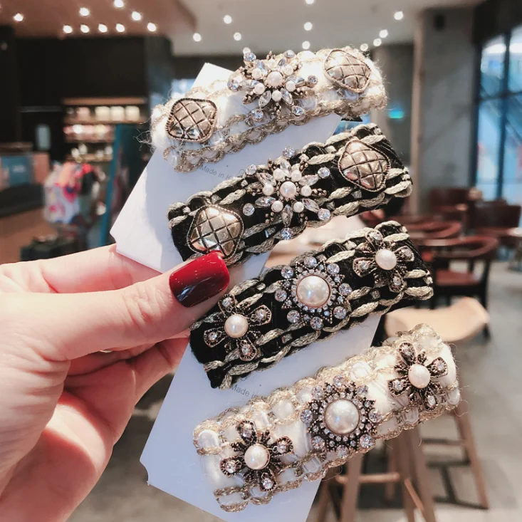wholesale handmade bling snap hair accessory high quality hair clips for women luxury vintage crystal pearl hair clips
