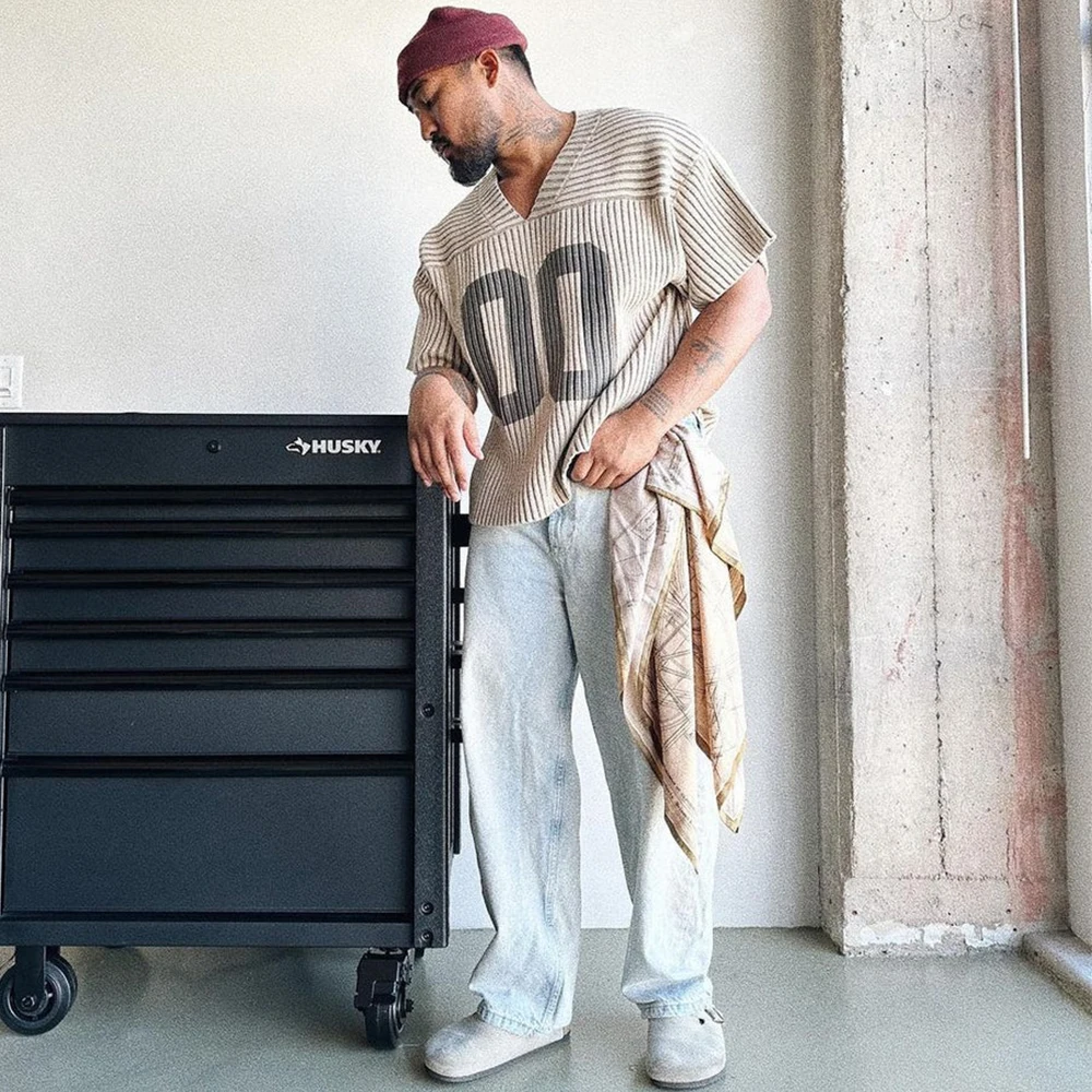 Custom LOGO OEM & ODM men Short Sleeve sweater pullover print Streetwear Knitted Jersey knitwear Pattern Knitted sweater men