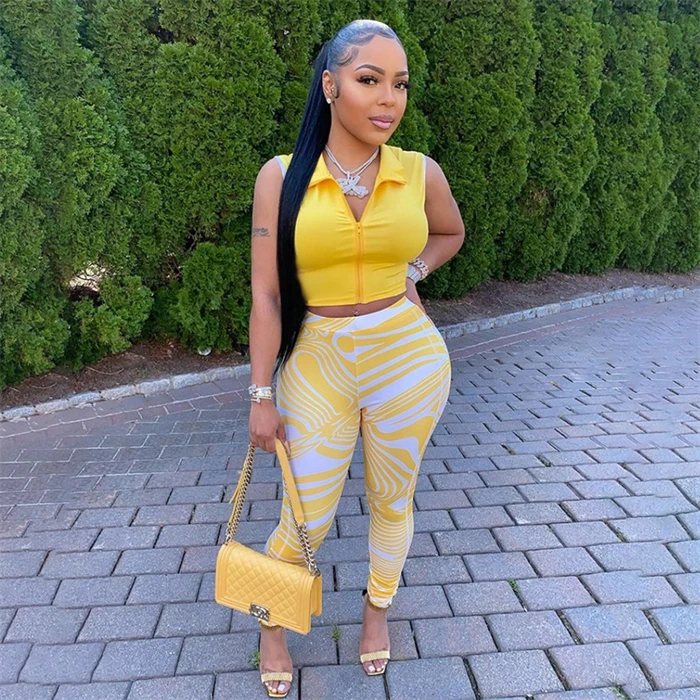 2022 Summer Sleeveless Zipper Crop Top with Legging 2 Piece Set Women clothing Two Piece Outfits Set