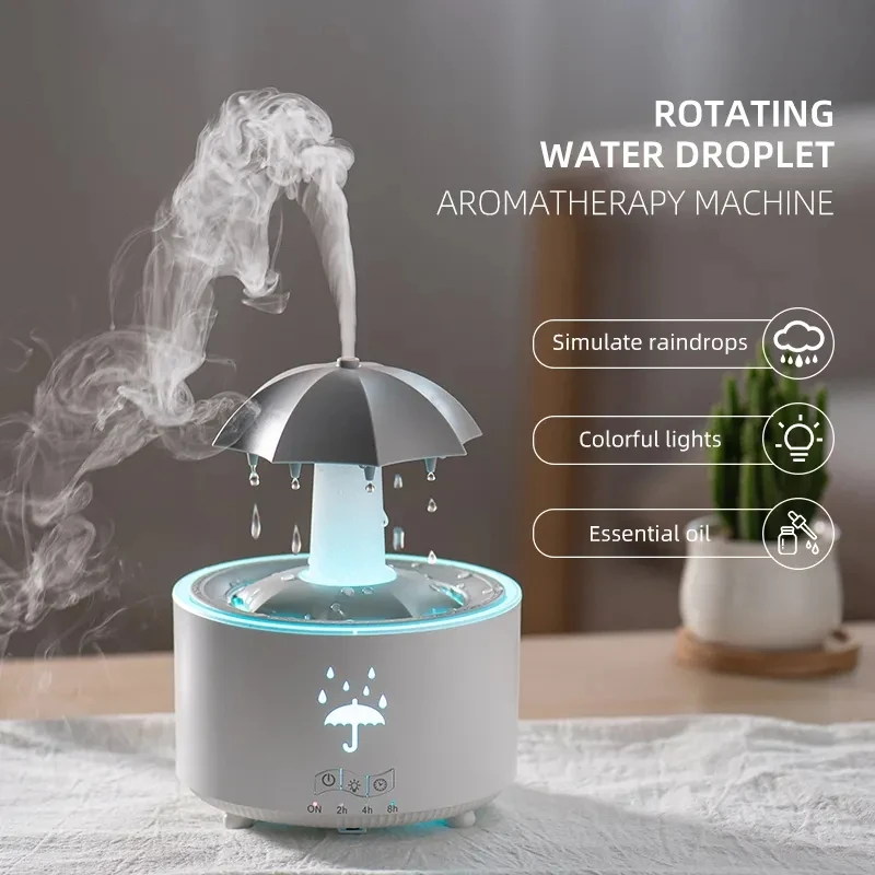 Lower price unique products water drop household big fog Umbrella Rotate Cloud Aroma Diffuser led light essential oil humidifier