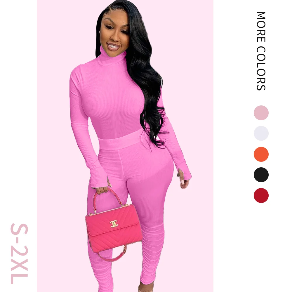 M496 Turtleneck ribbed knitted women suits two pieces winter outfits stacked pants legging sets fall 2020 apparel for women
