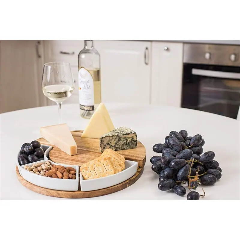 100% Natural Wood Cheese Platter Cutting Board Set Acacia Wooden Large Round Cheese Board with 3 Piece Cutlery