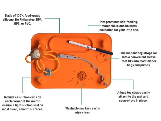 Silicone Suction Placemat with 4 Toy Adjustable Tethers for Babies & Toddlers, Keep Toys Off The Floor, Dishwasher Safe