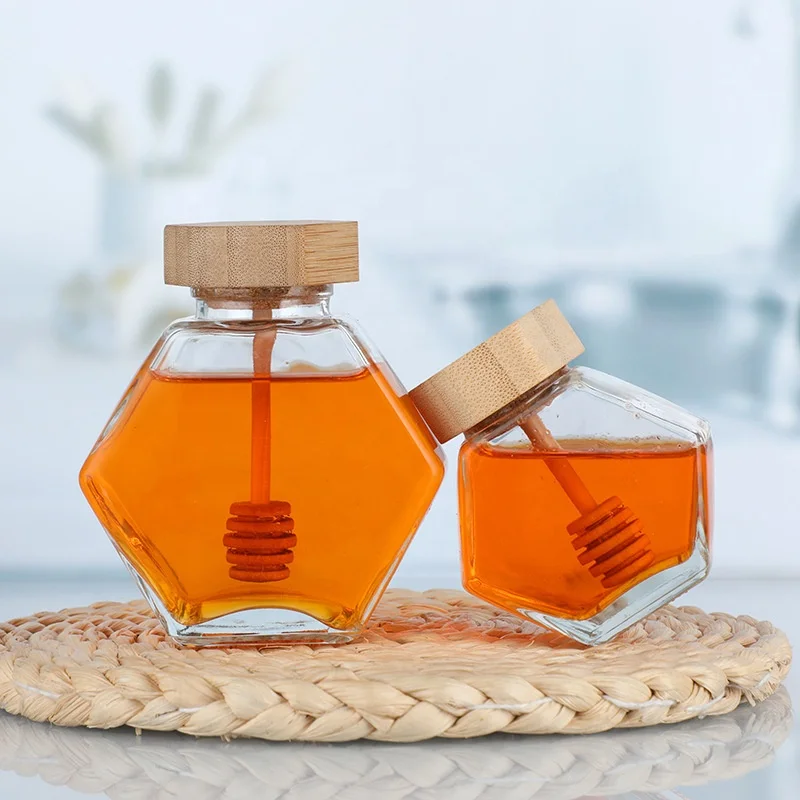 Hot selling Hexagon Shaped Wood Lid Glass Honey Jar With Dipper Kitchen&Tabletop Honey Glass Bottle