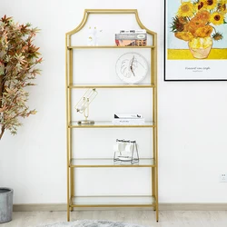 Modern 5 Shelf Vertical Tempered Glass Stainless Steel Gold Etagere Metal Bookcase