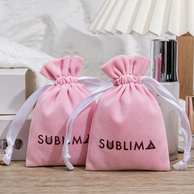 Высококачественный роскошный Пользовательский логотип с принтом розовая бархатная плюшевая сумка Подарочная на шнурке двойная строка для ювелирных изделий