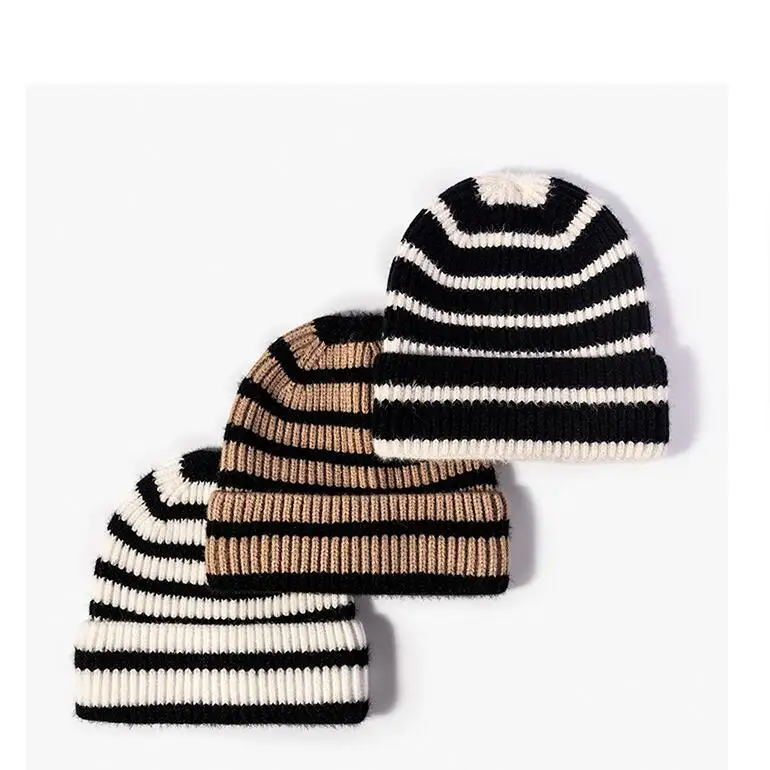 Ribbed Wool Beanie for Women Wholesale 2022 Thick Color Block Pattern Wool Winter Hat Black White Striped Toque