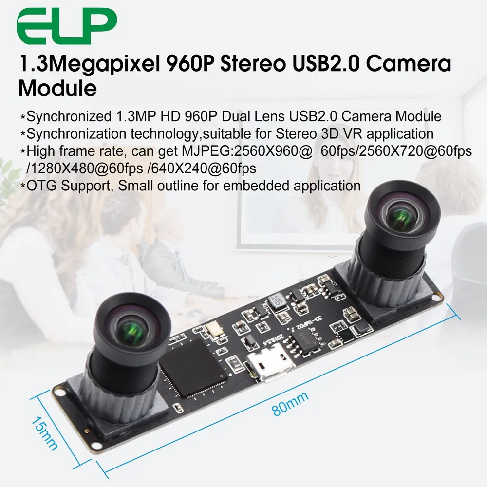 ELP 1.3megapixels OV9715 MJPEG 60fps Dual Lens PCB Board OEM Synchronous Stereo Camera USB For Robot VR Camera