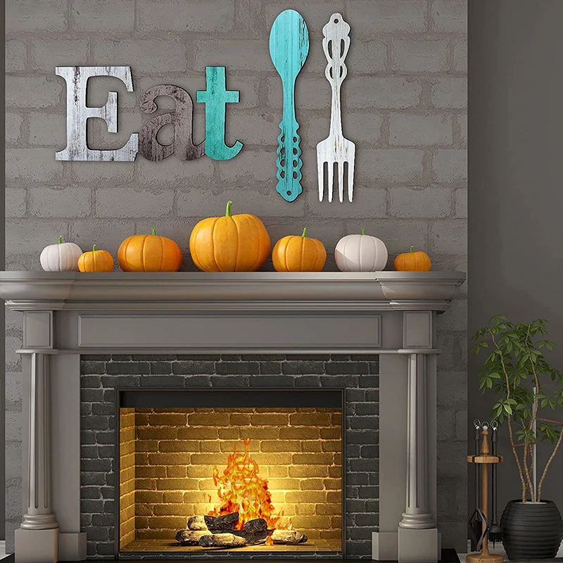 Multicolor Rustic Cutout Eat Fork Spoon Wooden Wall Signs For Kitchen Home Decor