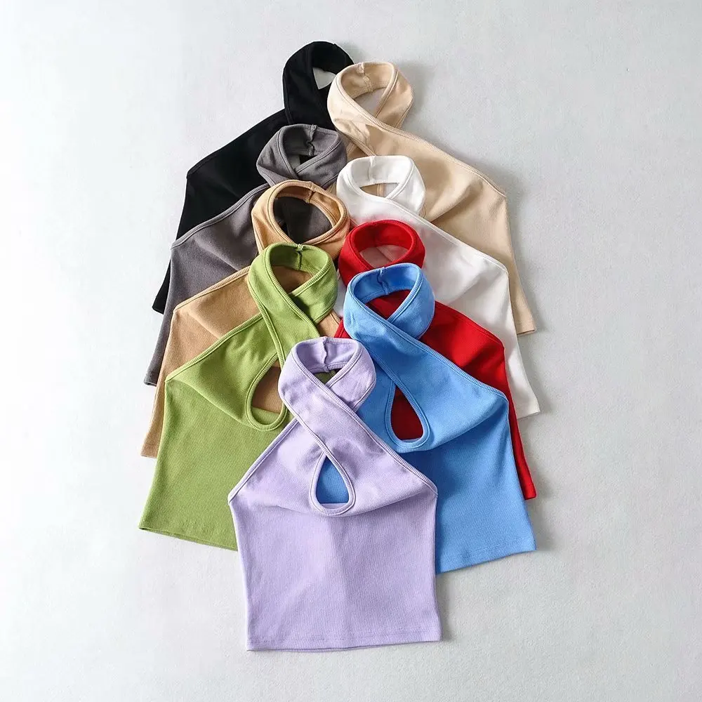 R12127S женские европейские и американские модные однотонные Грудь крест-накрест с воротником-хомутом для маленьких девочек приталенная Блуза Топ