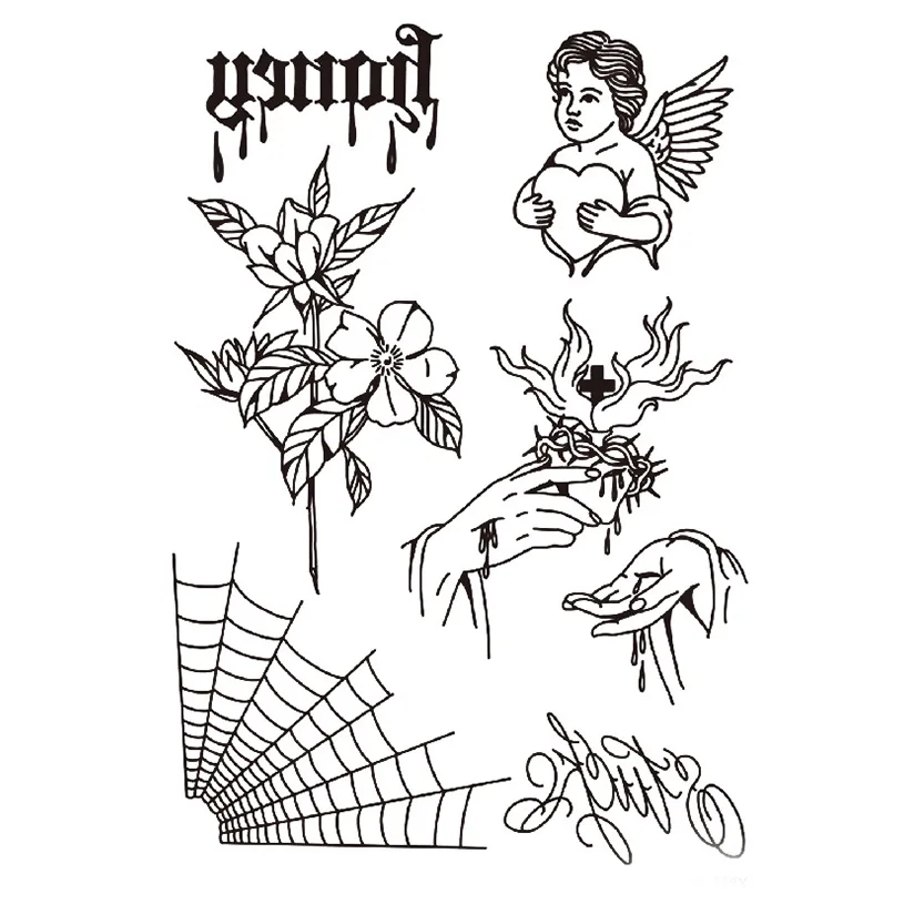 Temporary Waterproof  Oldschool Cherub Street Temporary Waterproof Black And White Men And Women Cool Cross Tattoo Stickers