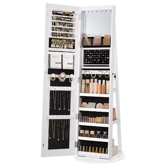 360 Degree Rotatable Jewelry Armoire with Storage Shelves Jewelry Cabinet with Full Length LED Mirror