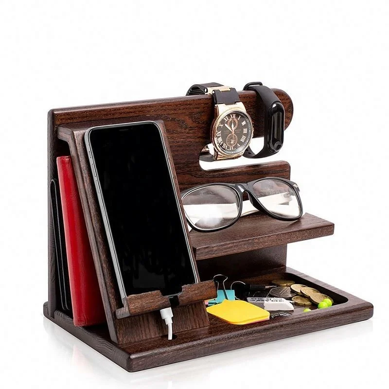 Hot sale Wood Phone Docking Station Key Holder Wallet Stand Watch Organize