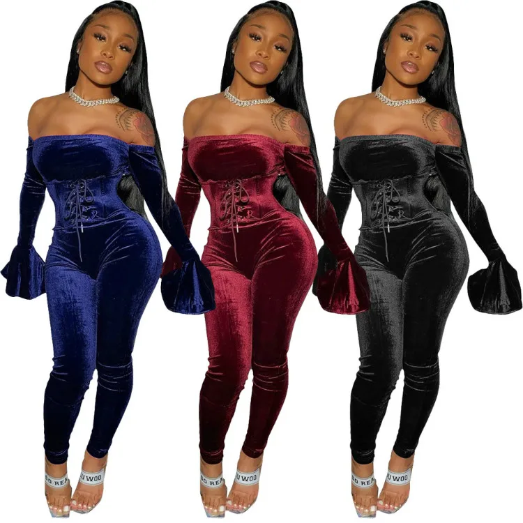 
Sexy Club Wear Jumpsuit Off Shoulder Womens 2 Piece Outfit Bell Sleeve Velvet 2020 Women Two Piece Set 
