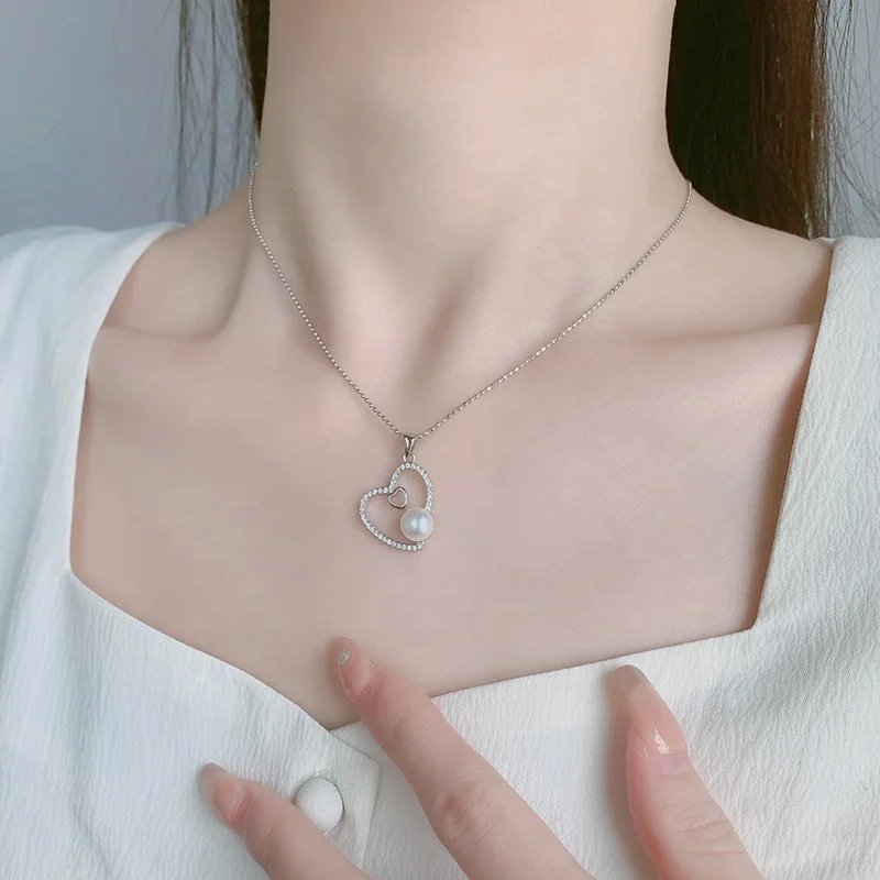 Double Love Heart Dainty Charm Necklace Zircon Fresh Water Pearl Jewelry 925 Sterling Silver Pendants Minimalist Jewelry