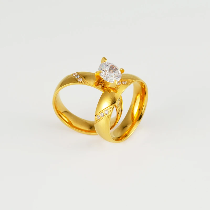 Valentine jewelry stainless steel wedding ring set 18k gold with diamond Promise Love Couple Ring Set