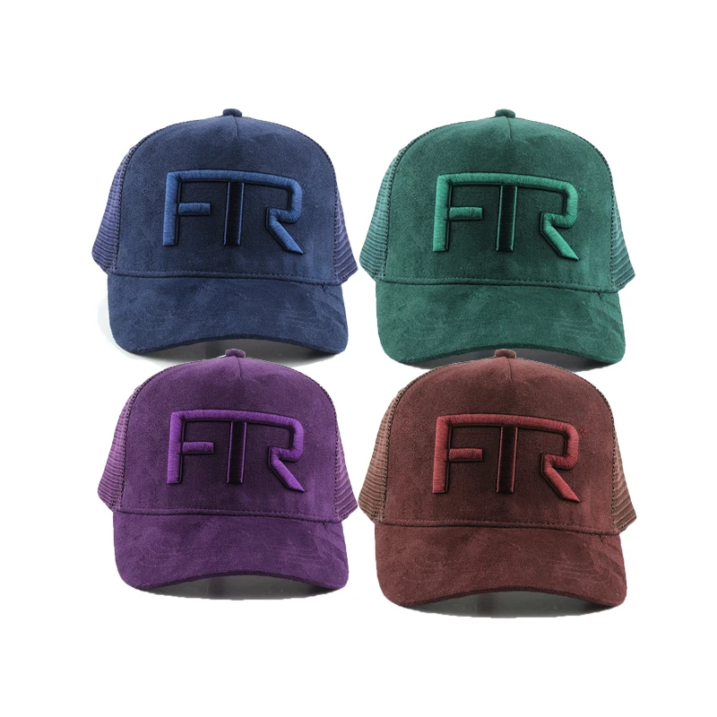 Curved brim gorras custom 5 panel 3d embroidery classic vintage mesh suede trucker hat