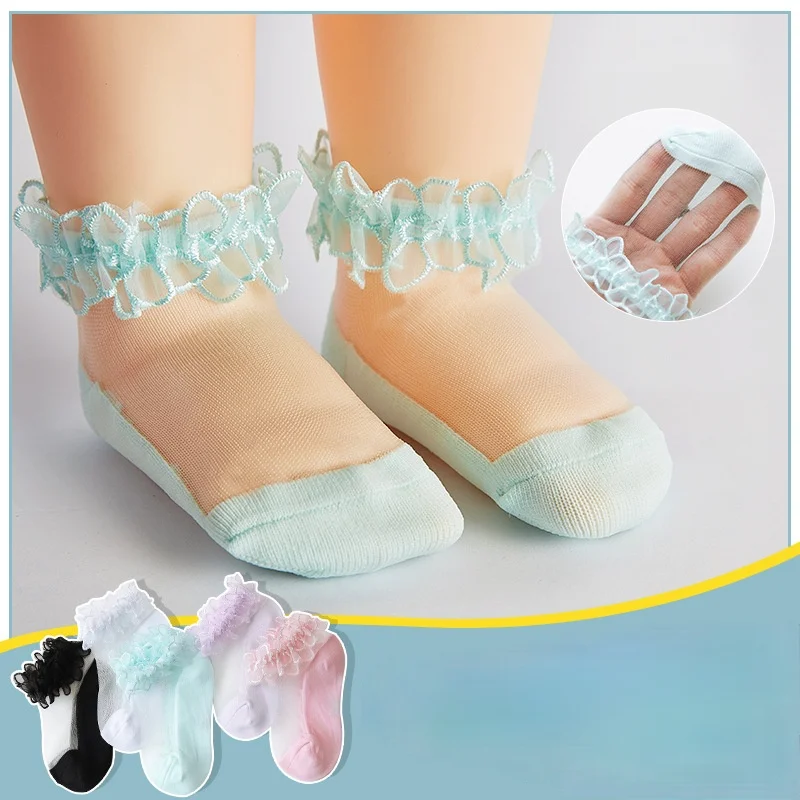 
New Arrivals Spring Summer Baby Girls Lace Ultra-Thin Mesh Crystal Socks Cotton Boat Socks Invisible Socks 