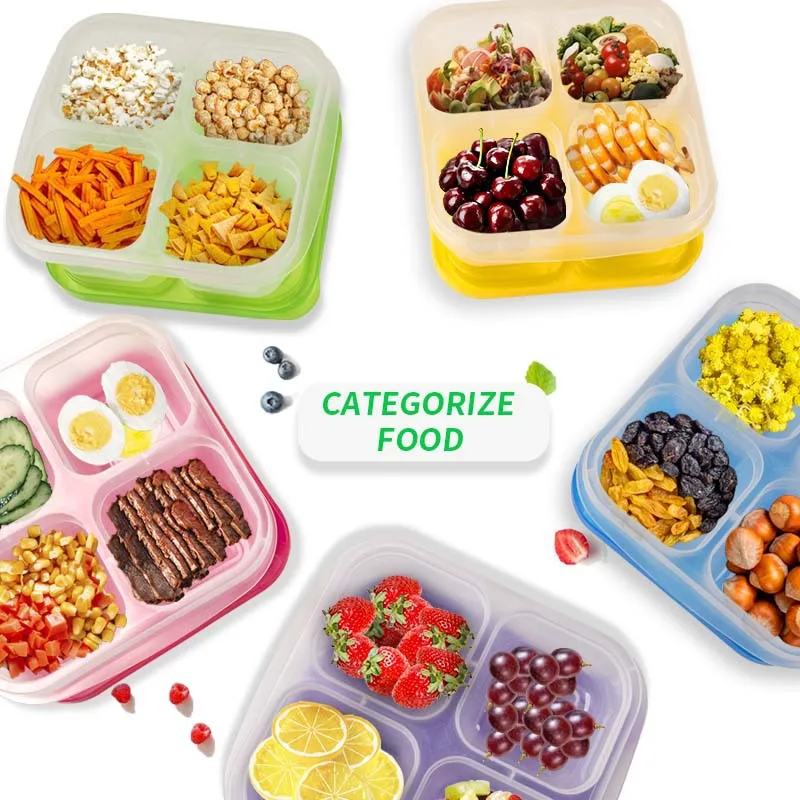 5 PCS Bento Snack Containers reusable with 4 compartments divided food lunchable storage containers for school work and travel