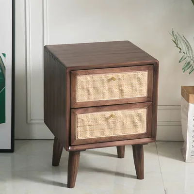New hot selling low price solid wood bedside table sofa side cabinet rattan locker storage small cabinet furniture wholesale