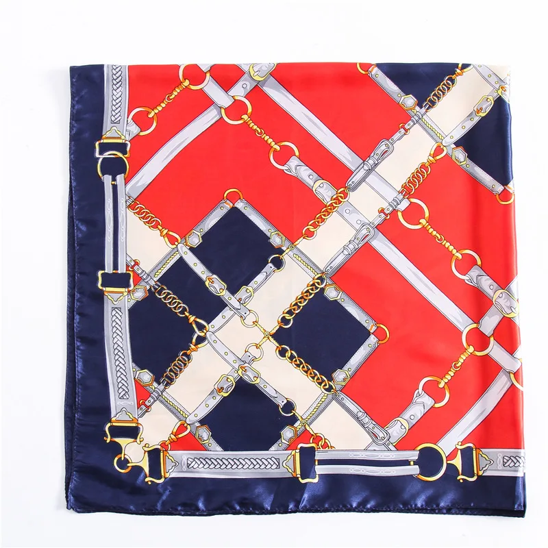 Yucat 90X90cm Wholesale Fashion Women Hair bands Custom Plaid Chain Square Satin Silk Scarf For Girls