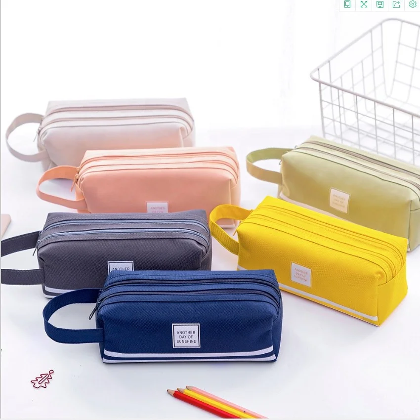 Creative  Large Capacity Pupil Pencil Case With Handle Portable Pen Bag Oxford cloth Double Layers Zipper Stationery Bag