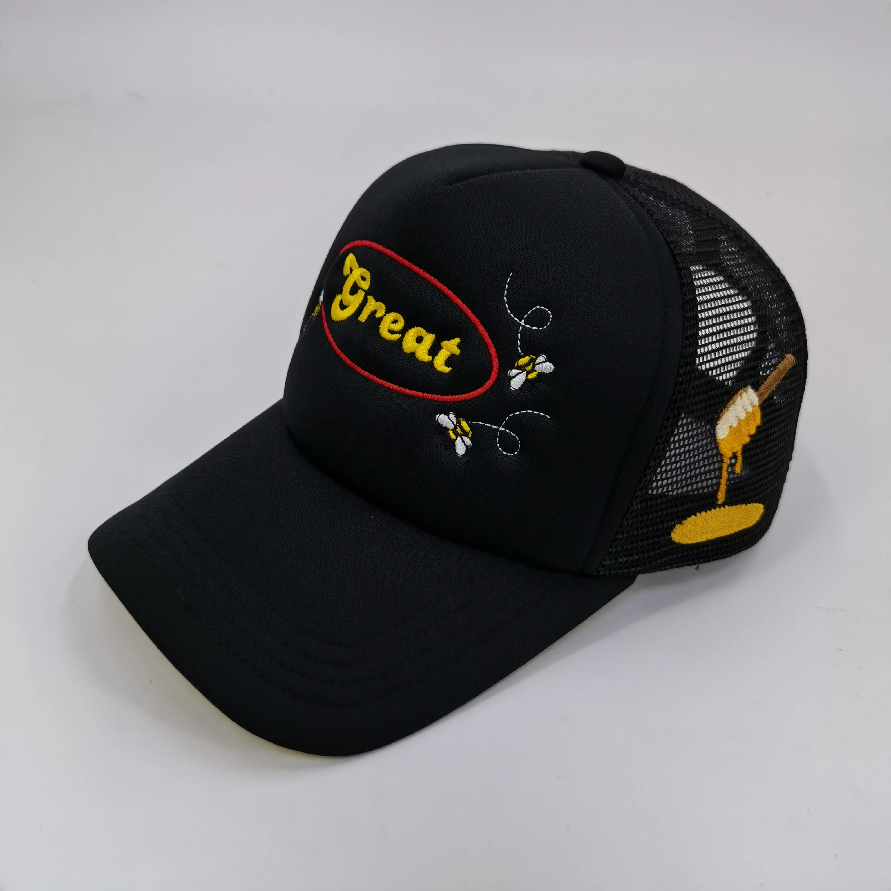 5-Panel Black Bee Baseball Caps Cute Bee Cool Dad Hats Custom Embroidered Logo Mesh Trucker Hat Caps