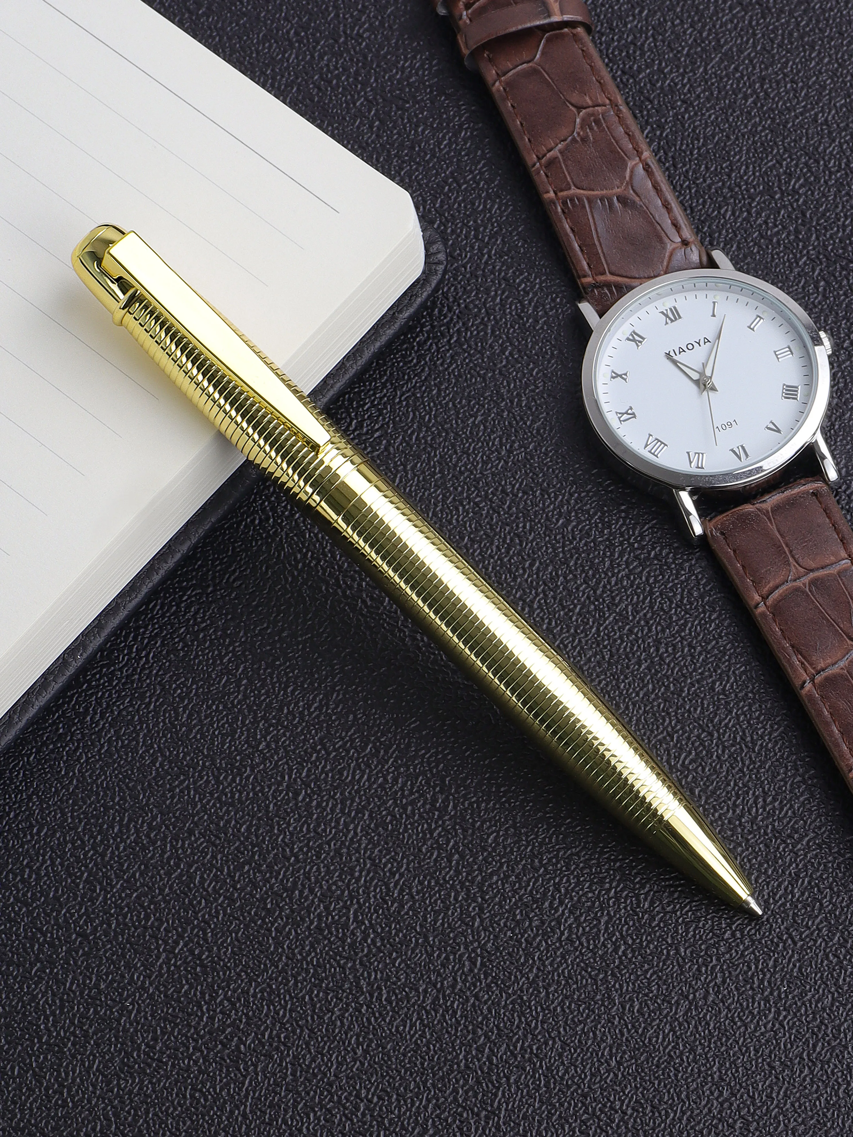 Luxury stainless steel metal body gold trim engraved logo twist ballpoint pen with gift box pen set stationery gift