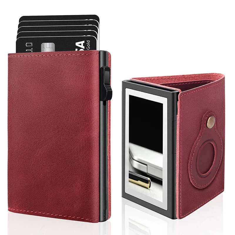 New Leather Card Case Rfid Blocking Men Leather Metal Business Slim Aluminum Card Wallet With Mirror