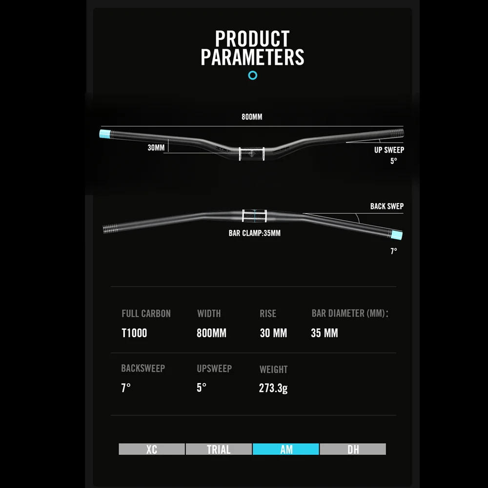 AM Bike Flat Carbon Handlebar Ultralight T1000 MTB Handlebar 35*800mm Straight Mountain Bicycle Handlebar Riser Handle Bar