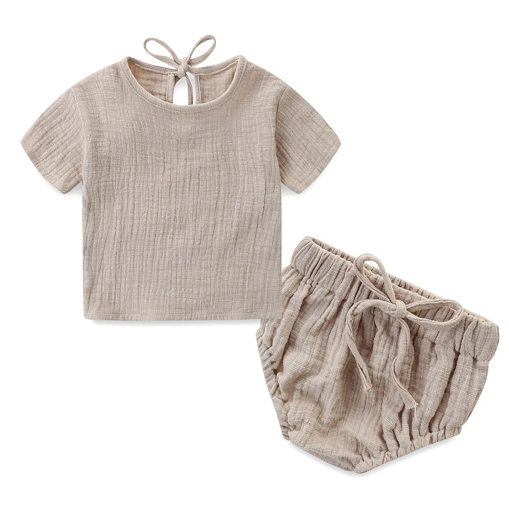 
Infant Girls Boys Summer Outfits Crepe Blank Short Sleeve Top String Bloomers Baby Muslin Cloth Set 