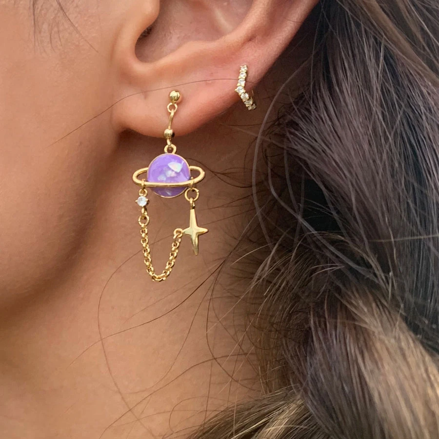 New Slovehoony 18k Gold Designer Purple Saturn Enamel Star Zircon Pearl Earrings Jewelry Drop Dangle Earings For Girls