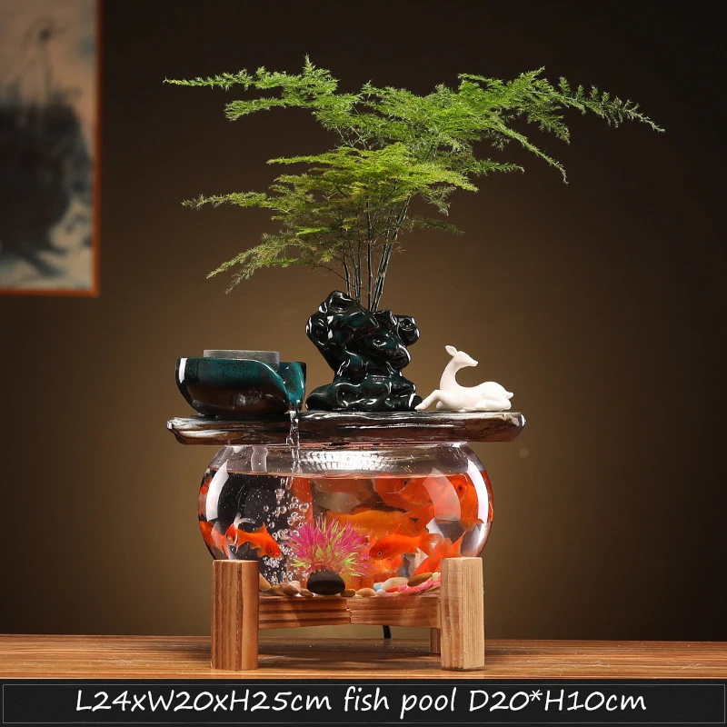Creative Glass Fish Tank Living Room Desktop Circulation Flowing Ornaments Mini Waterfall Water Fountain with Light