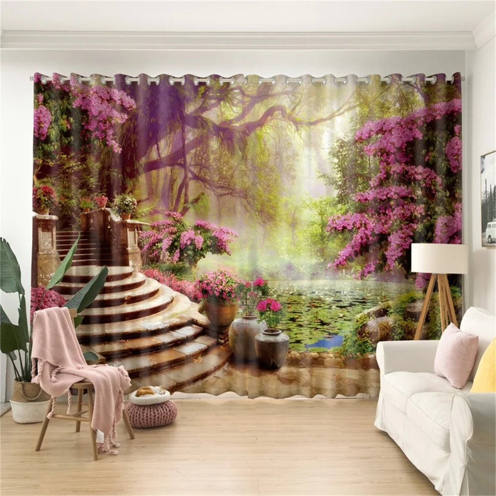 European Street View Alley Polyester 3D Landscape Floral Photo Blackout Curtain for the Living Room