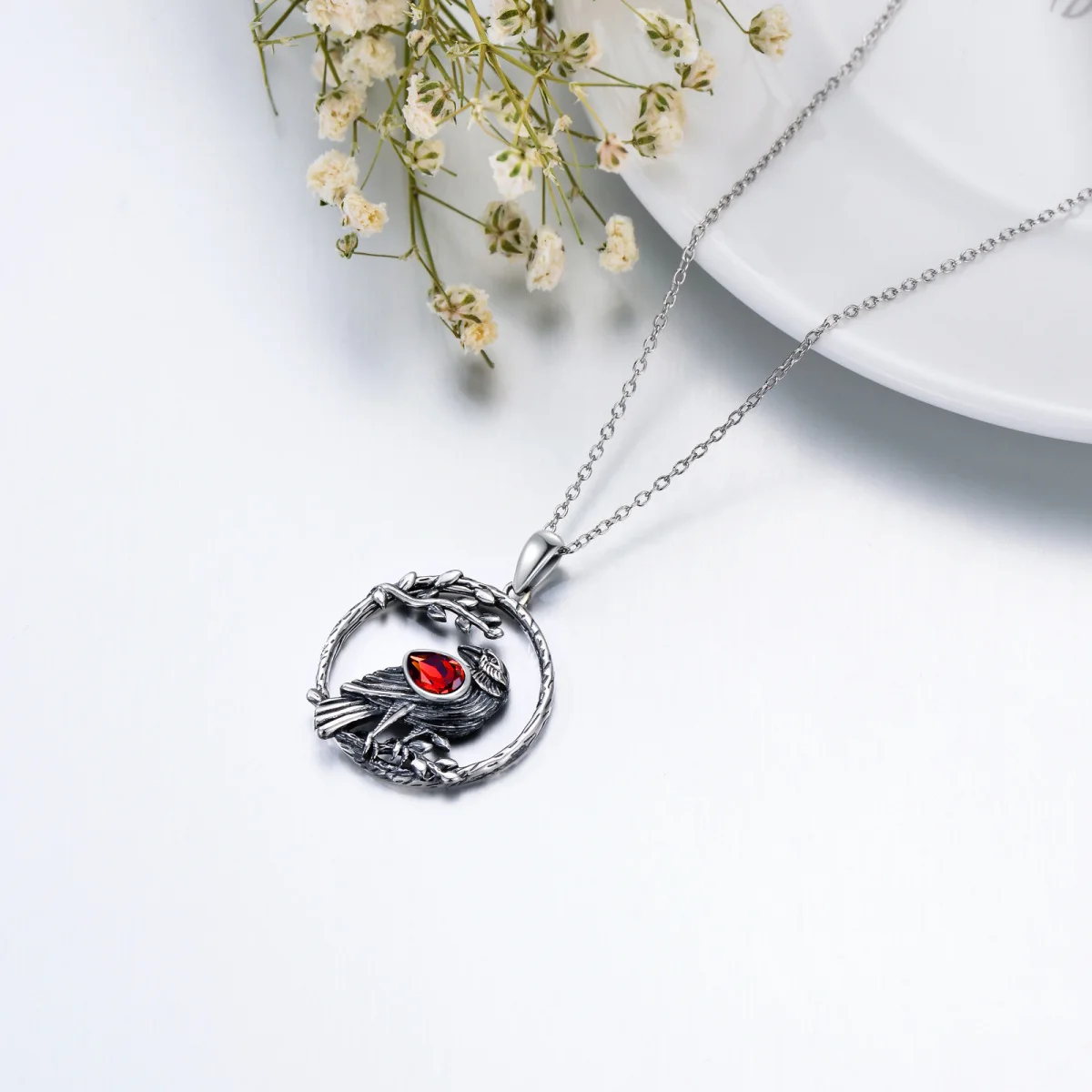 Hot Sale Jewelry for Women 925 Sterling Silver Red Crystal Oxidized Raven Pendant Necklace