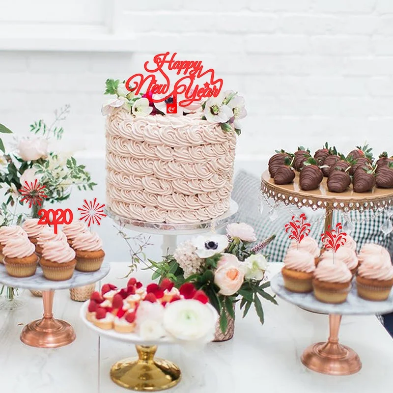 
TX 2020 New Arrivals Happy New Year acrylic, DIY Red Fireworks Welcome To 2020 Acrylic Cake Topper Sets For Dessert Decoration 