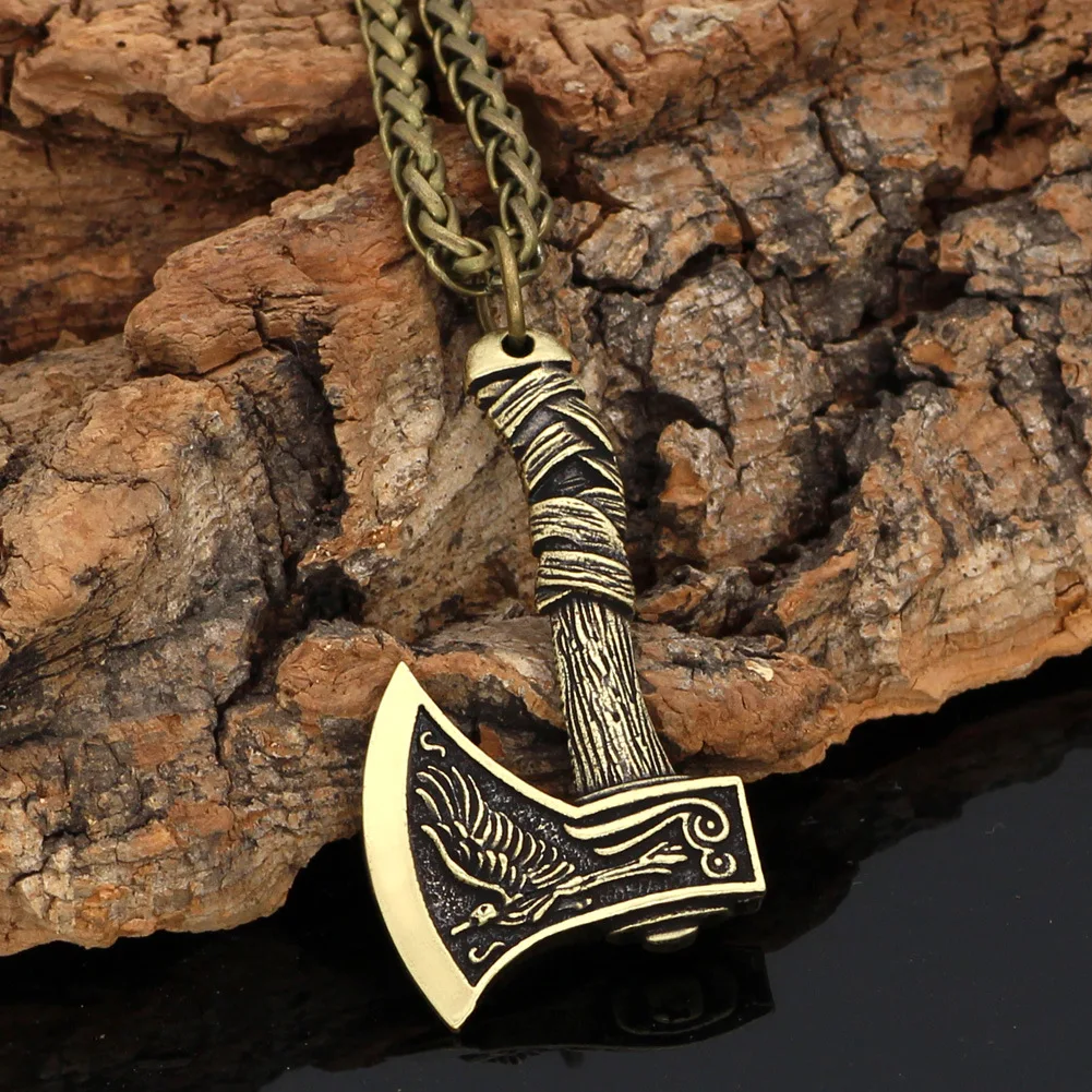 New Nordic Viking Celtic Wolf Crow Double-sided Axe Pendant Trendy Vintage Necklace For Men