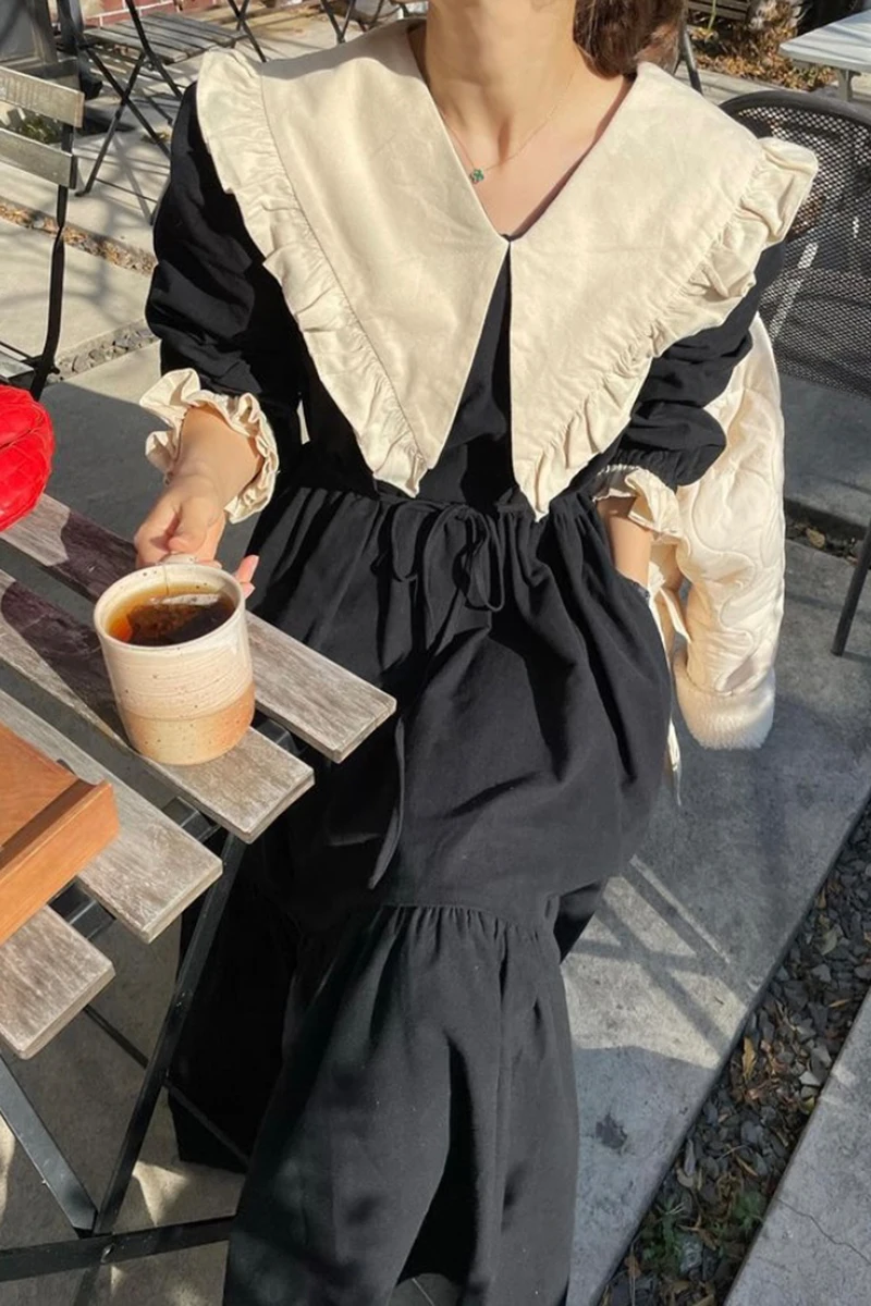 Wholesale Autumn 2022 South Korea Chic Foreign Style Large Lapel Contrast Color Press Pleat Lace Up Waist Wide Loose Hem Dress