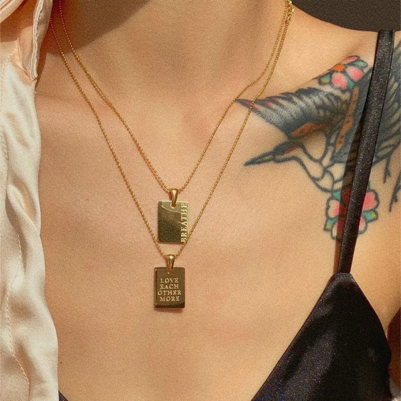 Hot Sale 4 Design Motto Engraved Letter Necklace Square Medallion Inspiration Stainless Steel for Women 18K Gold Plated Chains