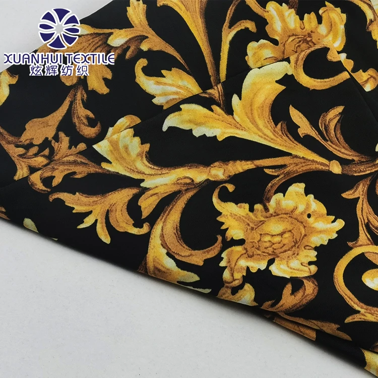 
Xuanhui Textile Printed Knitted Fabric Gold Chain Design FDY In Stock Polyester Four Way Stretch Spandex Fabric 