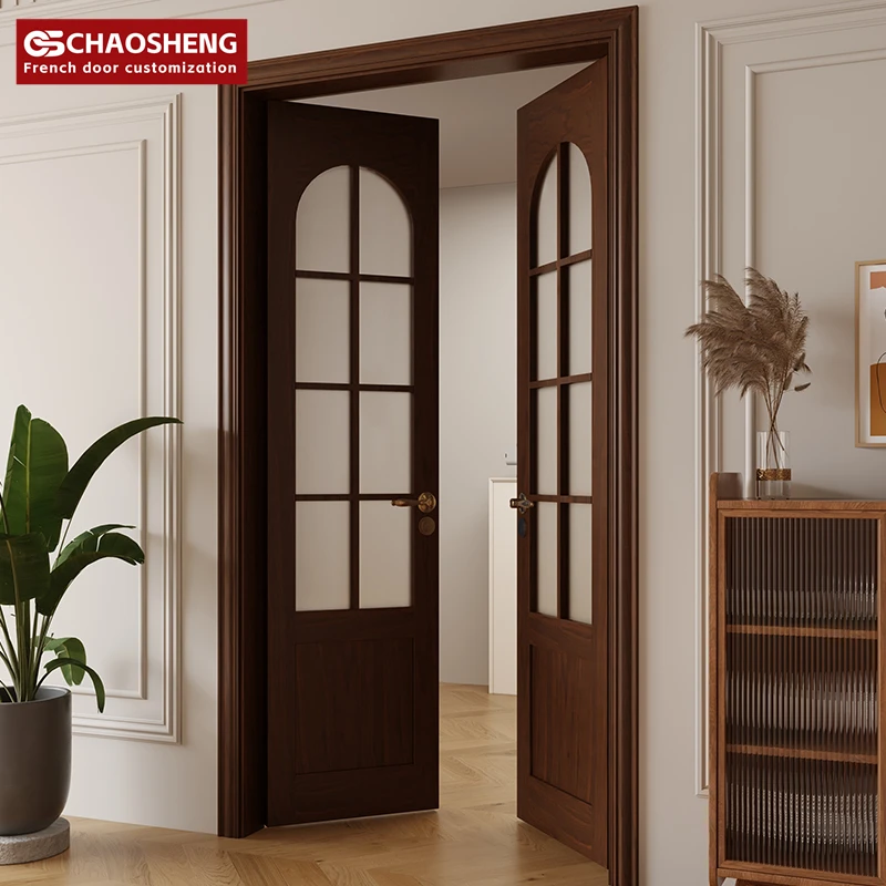 Interior arc arch glass swing door solid wood paint French study pair double-door