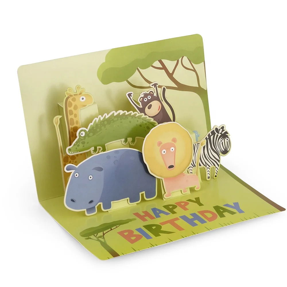 Cute Personalised Paper Handmade Animal 3D Pop Up Children Happy Birthday Greeting Cards with Envelopes Suppliers