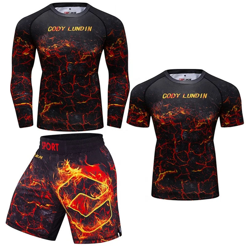Custom Printed Designs Men Sports Suit MMA Rashguard Quick Dry Sportswear Compression Clothing Fitness Muay Thai Shorts kit