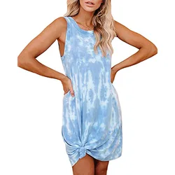Women Casual Short Dress Tie Dye T Shirt Dress Crew Neck Sleeveless Loose Stretchy Summer Tank Mini Dress