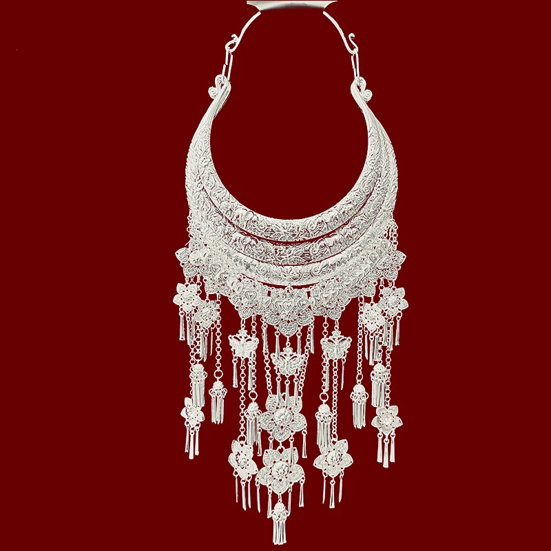 Depth Chinese Miao Hmong ethnic necklaces aluminum plated silver Jewelry Culture Feat Flower necklace