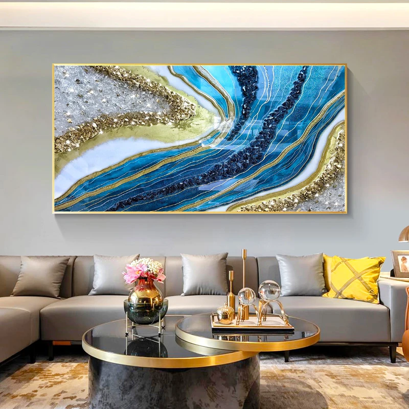 Modern Abstract Mural Poster Luxury Pink Blue Gold Crystal porcelain Wall Art Canvas Painting  Home Wall Decoration Painting