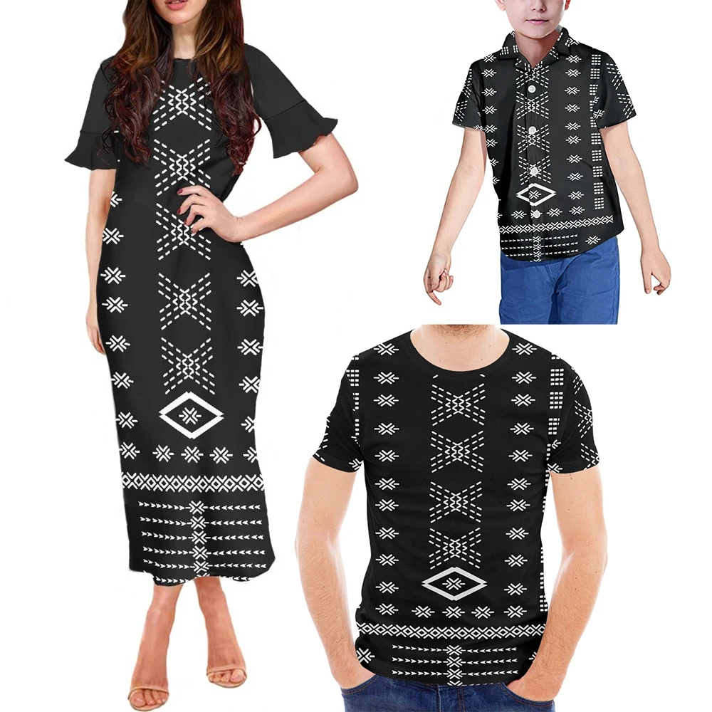 3 pieces Black White Tattoo Adult Children Clothing Family Reunion Party Sets Women Dress Custom Polynesian Tribal Design Moq 1