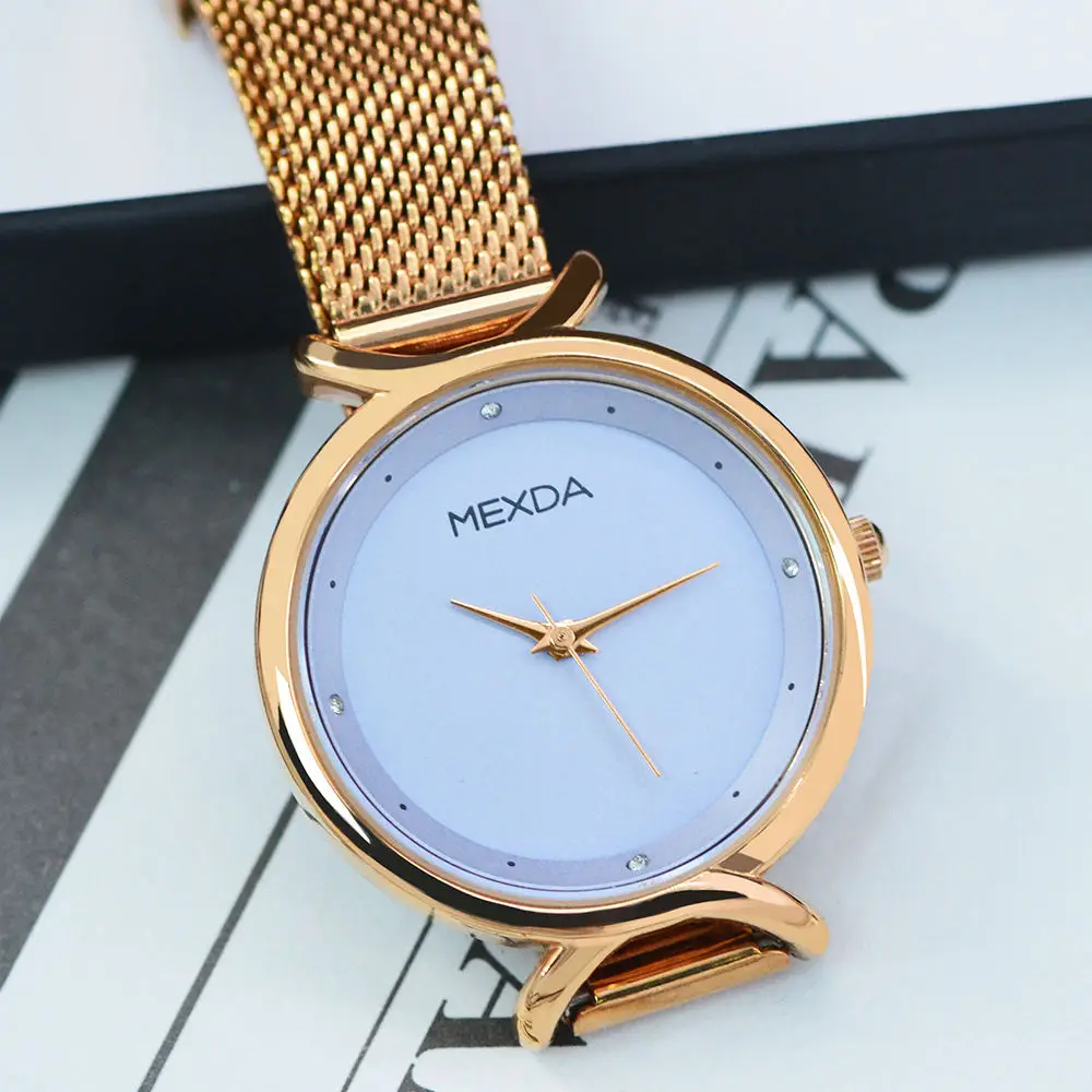 mexda brand custom logo stainless steel rose gold case leather band sky star dial vintage lady modern design diamond watch
